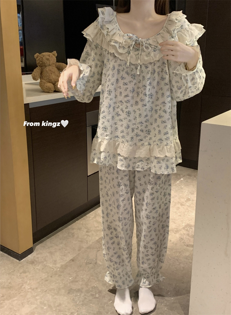 實拍樹皮皺2024年新款睡衣女長袖套裝休閒家居服甜美可愛