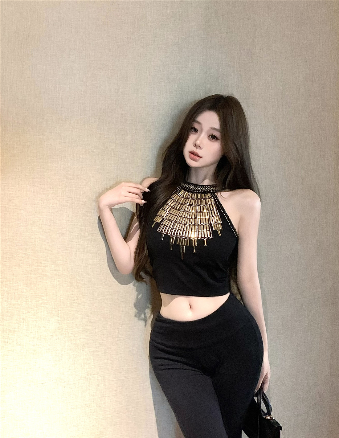 燙片辣妹名媛設計感掛脖短款背心吊帶女