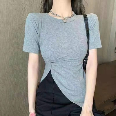 夏季2024新款不規則側開叉短袖打底衫T恤女網紅高腰白色上衣分叉