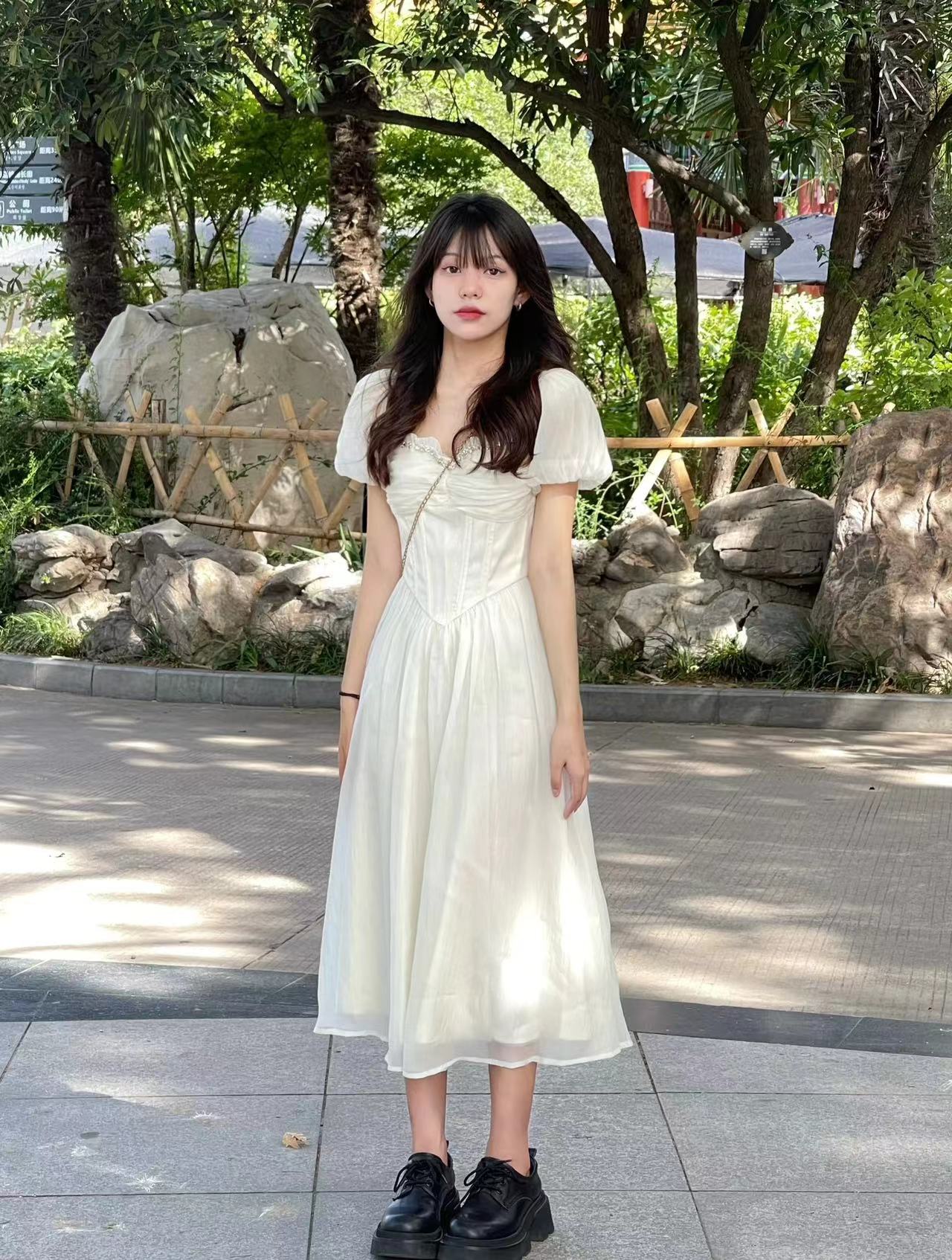 French first love gentle style waist long skirt super fairy temperament chiffon puff sleeve dress early spring 2024 new style