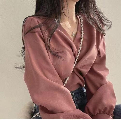 韩国chic春季法式气质褶皱V领扭结设计宽松休闲纯色长袖衬衫上衣