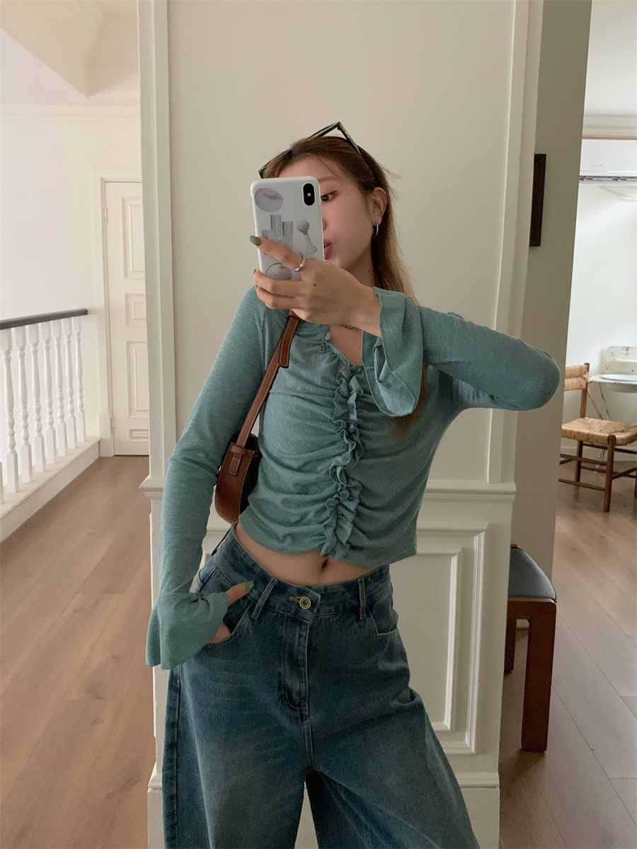 Real shot!  Pure lust style sexy slim long-sleeved T-shirt V-neck ruffle hot girl age-reducing top