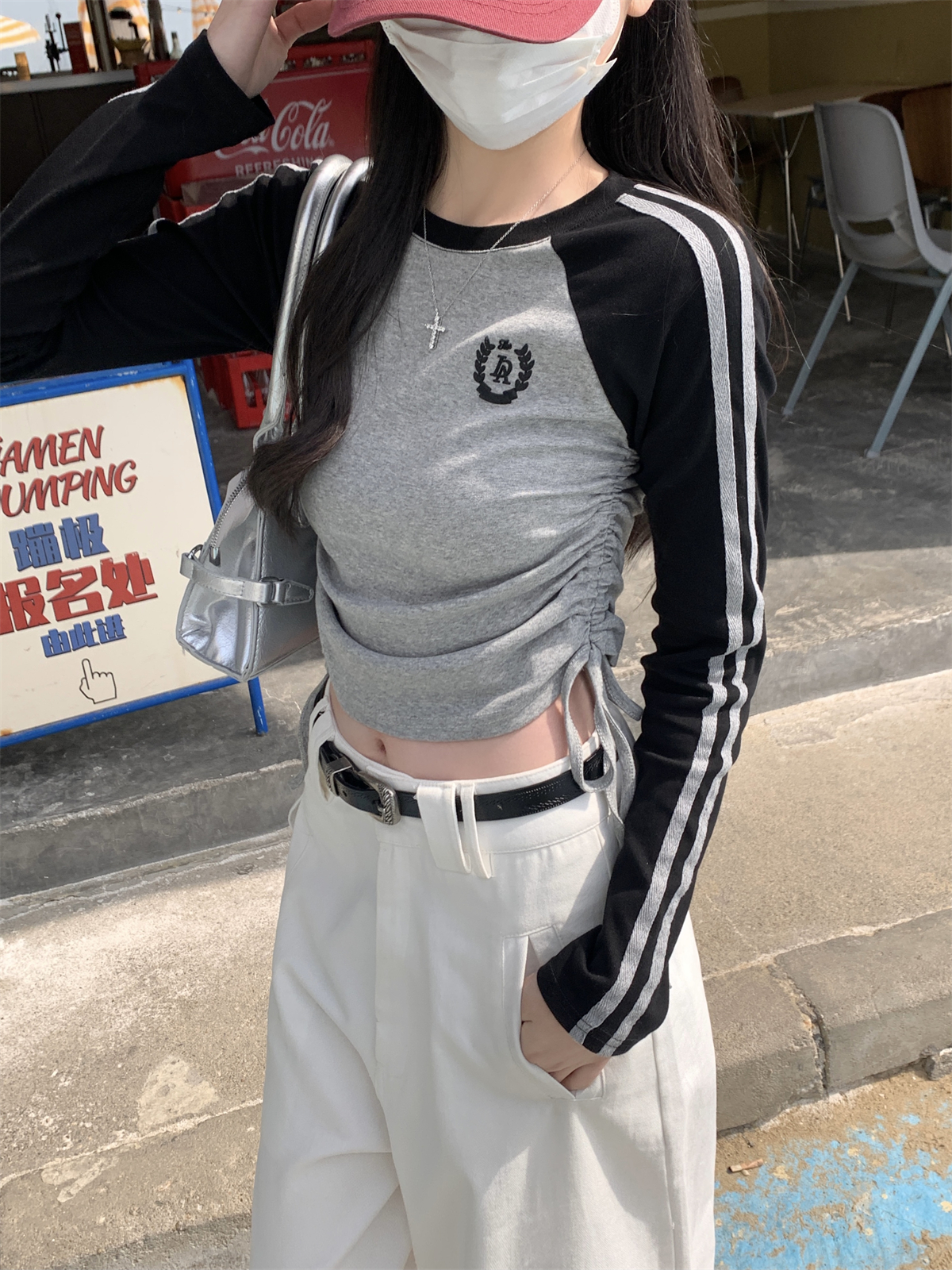 Actual shot of spring Korean style slim raglan contrasting color American striped drawstring design pure cotton long-sleeved T-shirt top
