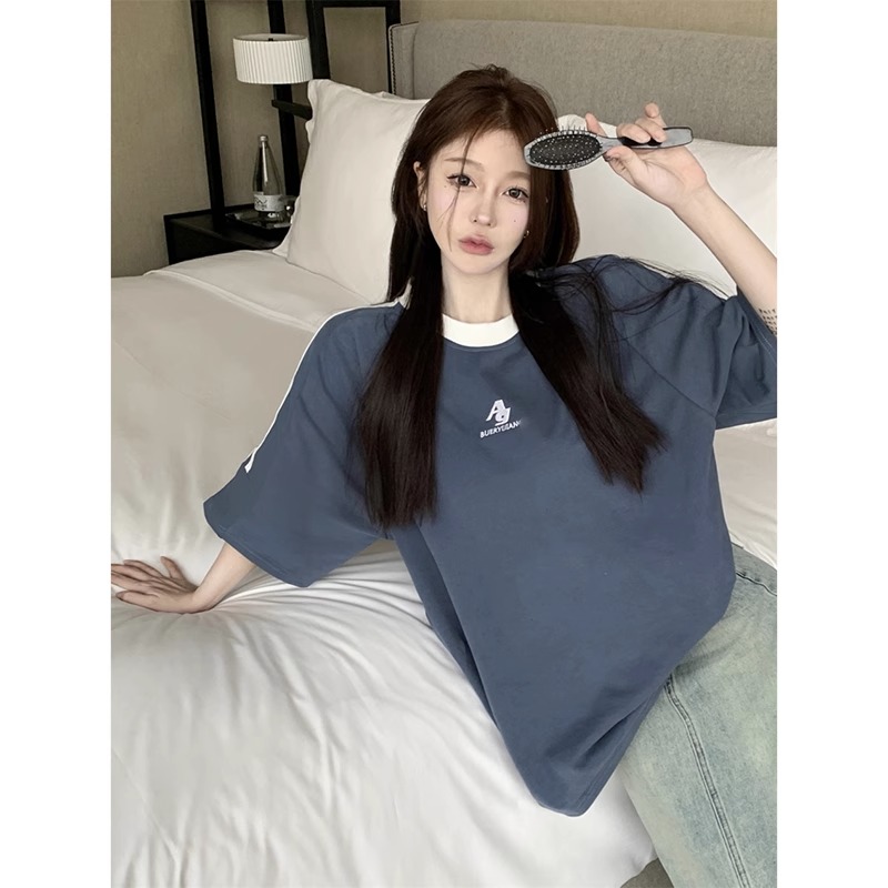 繡花21支超爽棉200克後包領240斤大碼槓條短袖女