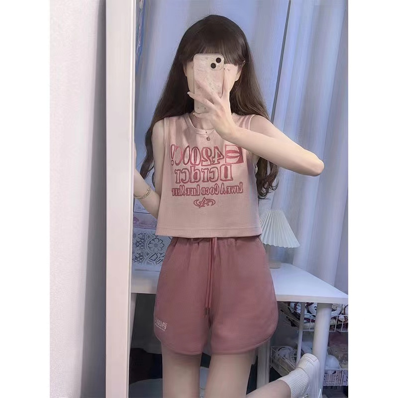 2024 new summer design hot girl campus girl round neck letter printed high waist vest