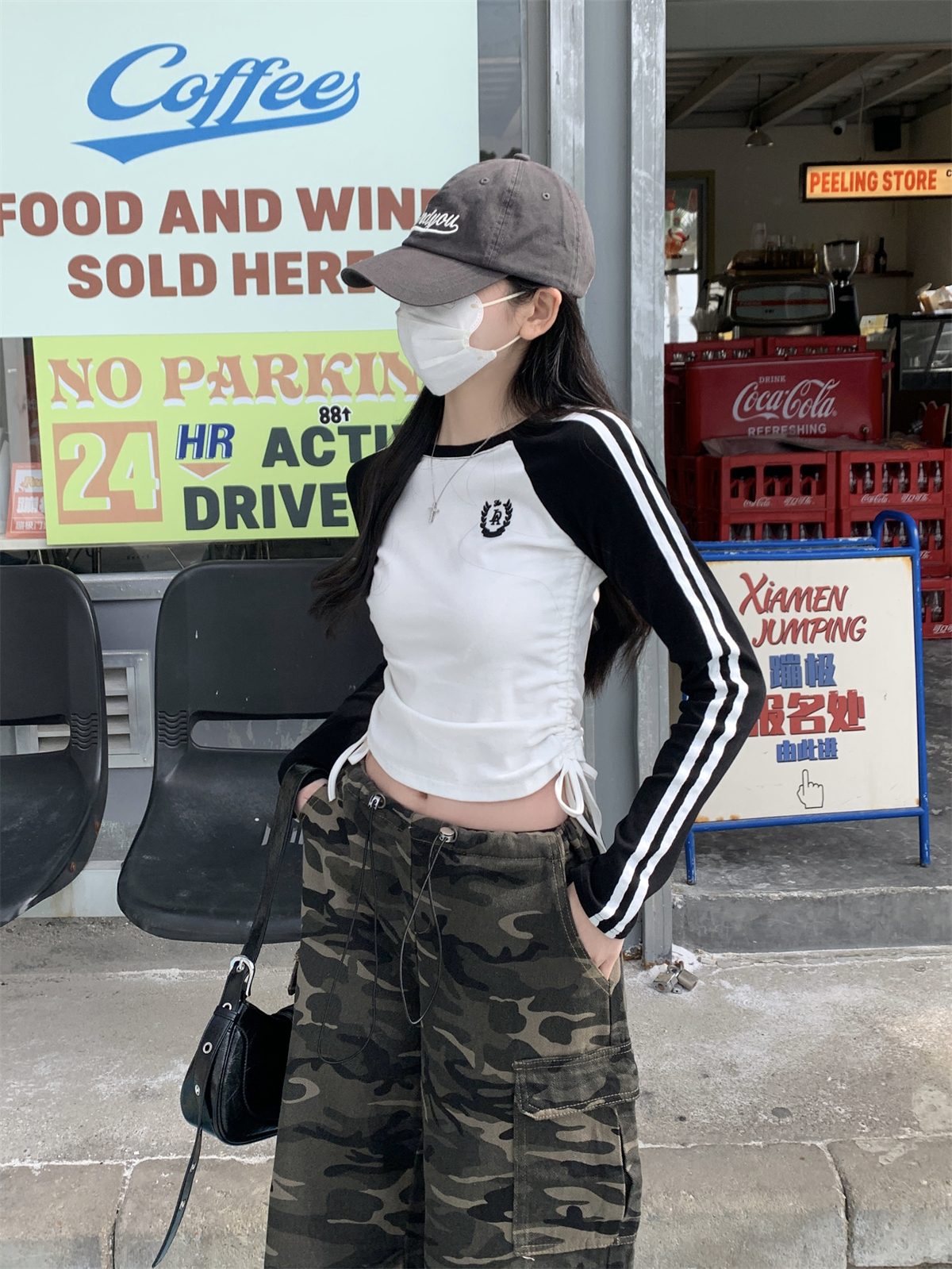Actual shot of spring Korean style slim raglan contrasting hot girl striped drawstring design pure cotton long-sleeved T-shirt top