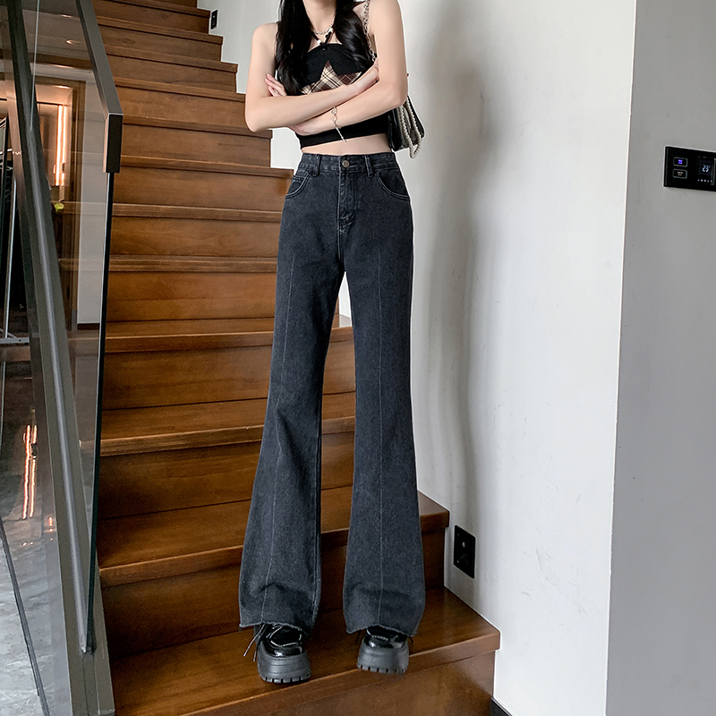 Real shot ~ Retro design raw edge wide leg jeans for women, spring loose slimming slightly flared pants trendy