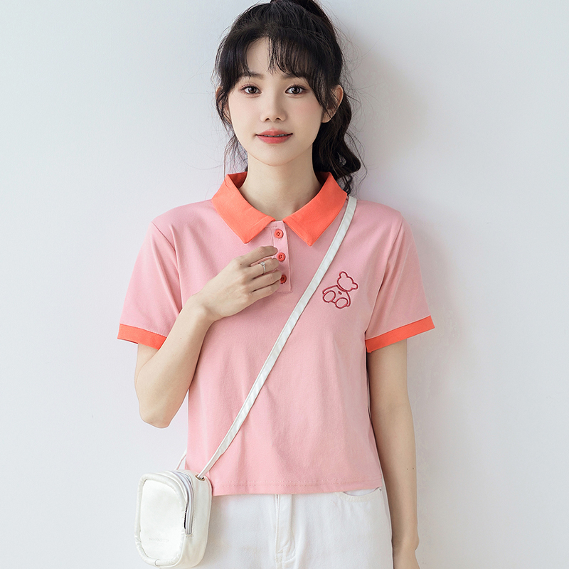 實拍 1*1螺紋夏裝韓版寬鬆POLO領卡通刺繡短款大碼短袖T恤女