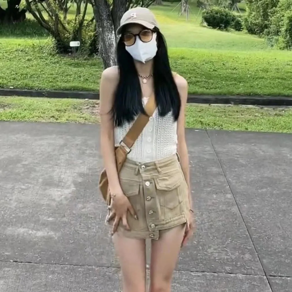 牛仔褲女夏季薄款小眾設計感高腰工作a字褲裙網紅炸街短褲子潮ins