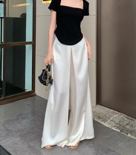 Actual shot of new spring style high-end solid color silky satin drape casual wide-leg pants