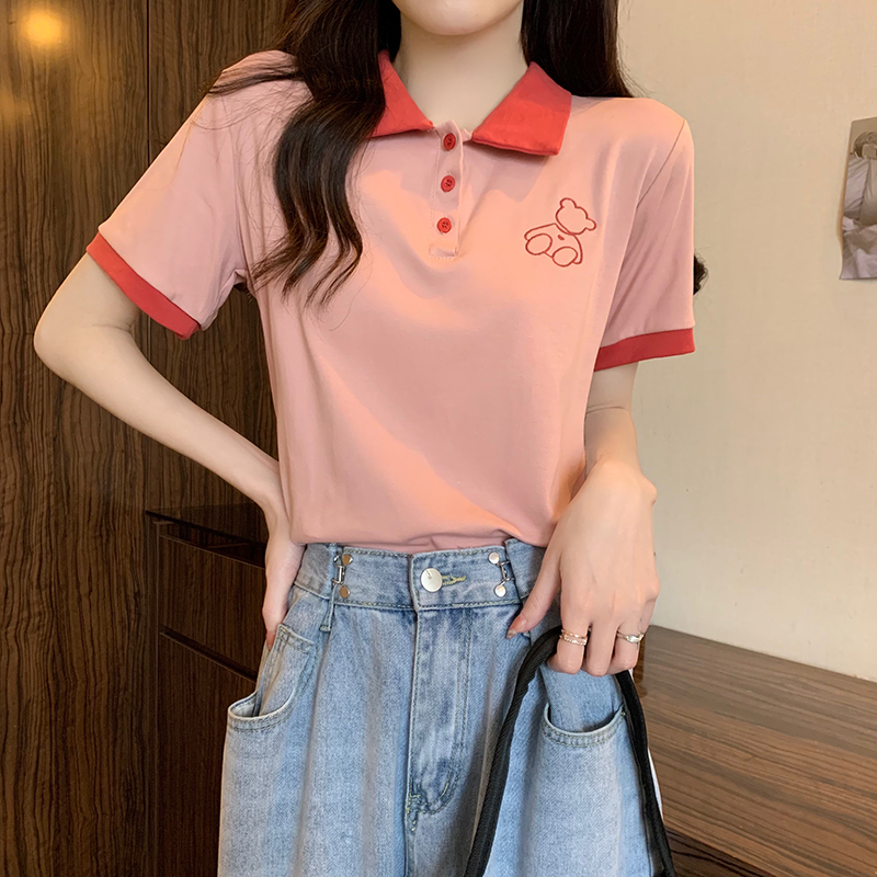實拍 1*1螺紋夏裝韓版寬鬆POLO領卡通刺繡短款大碼短袖T恤女
