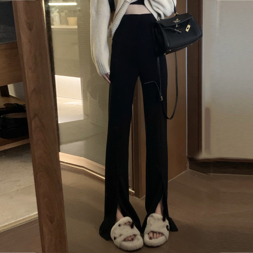 Slit wide-leg pants for women with niche design for spring and summer new style high-waisted black drapey floor-length straight pants