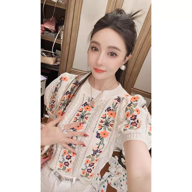 短袖針織衫女夏季設計感小眾泡泡袖碎花短款上衣重工提花別致小衫