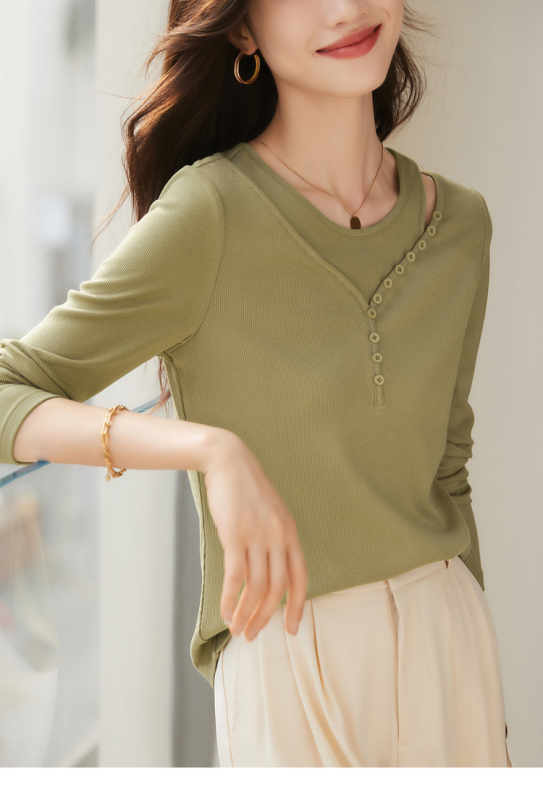 Mohan Yimei slim fit hollow feminine T-shirt 2024 spring new style elegant temperament design long-sleeved T-shirt