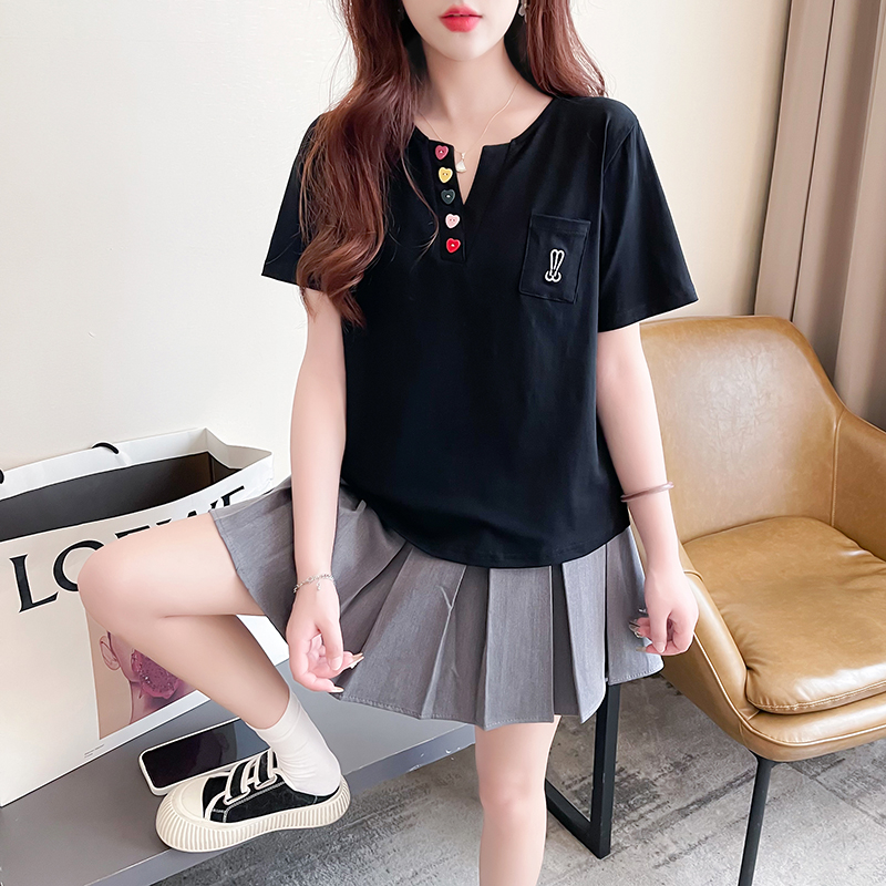 實拍 夏裝韓版寬鬆32支棉拉架圓領口袋純色大碼短袖T恤女