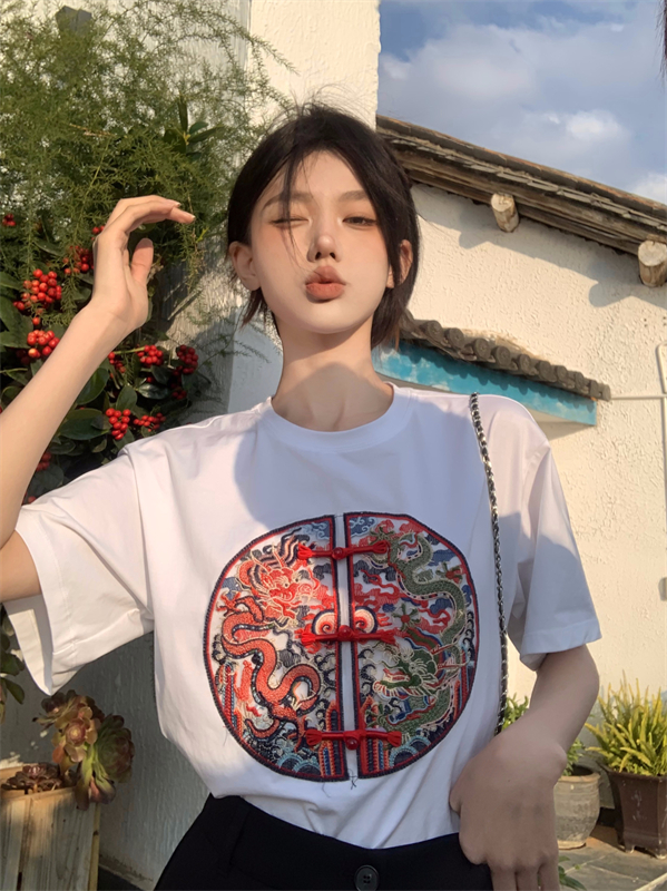 實拍 早春2024新中式國風龍年刺繡圓領T恤復古短袖打底上衣