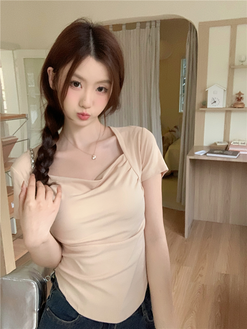 實拍~辣妹純欲方領短袖T恤女修身顯瘦設計感小眾打底上衣