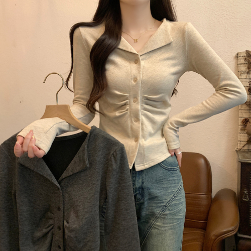 Real shot 2024 spring Korean style loose 250g sheep wool short cardigan long sleeve T-shirt for women