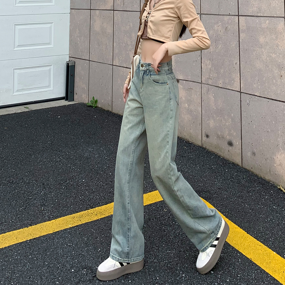 水洗做舊小個子牛仔褲女寬鬆闊腿褲長褲夏季高腰直筒褲顯瘦褲子潮