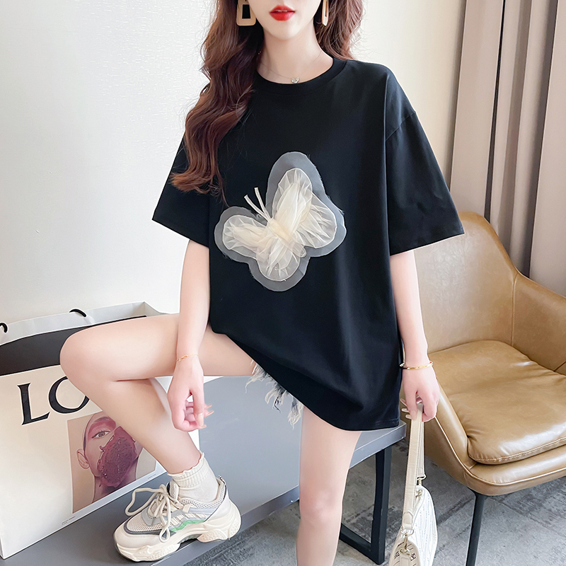實拍 夏裝韓版寬鬆32支雙紗230克圓領網紗蝴蝶大碼短袖T恤女