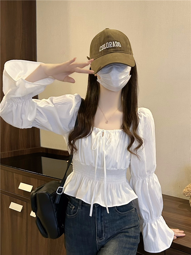 實拍~新款法式復古方領泡泡袖收腰顯瘦長袖氣質襯衫上衣