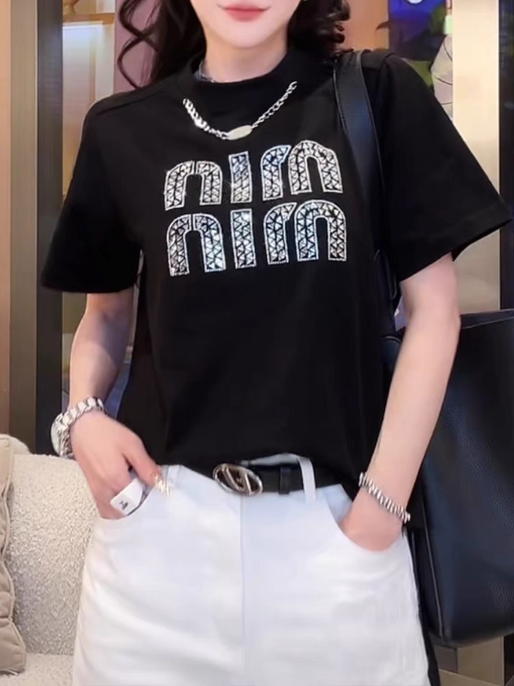 時尚百搭燙鑽短袖T恤女高級感正肩半袖氣質百搭洋氣上衣夏裝新款