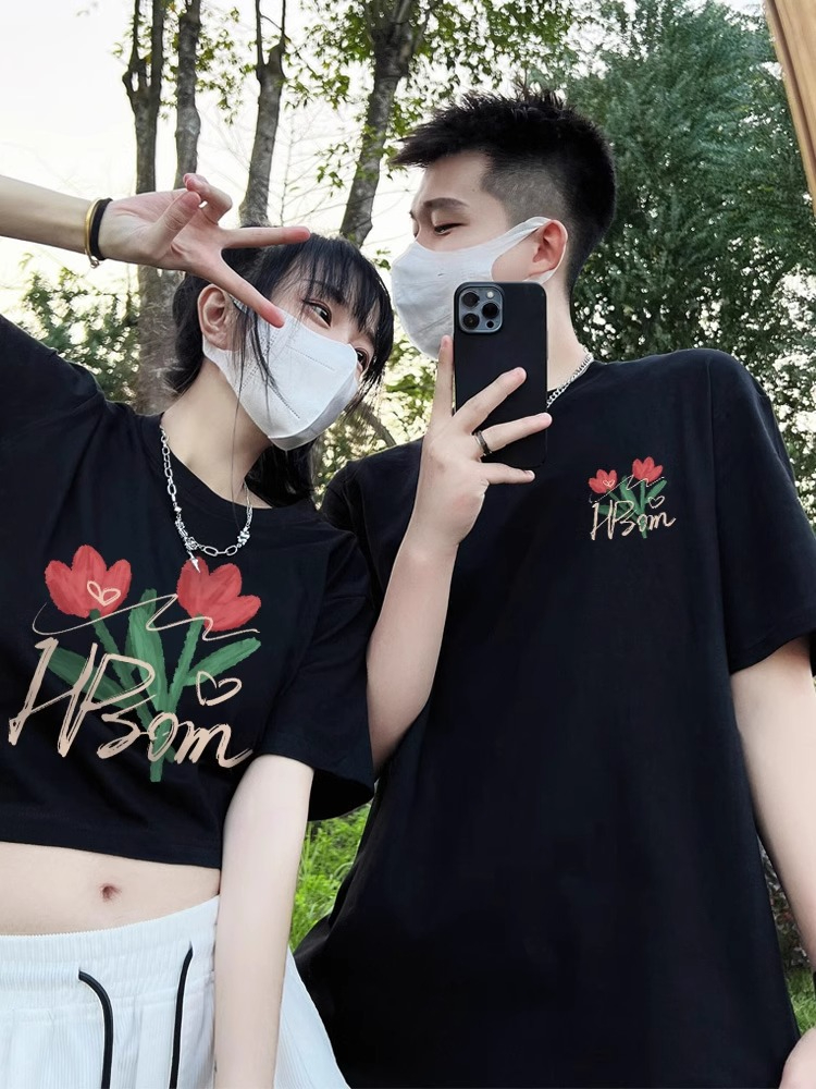 High-end pure cotton T-shirt disoo different couple wear Internet celebrity short-sleeved one long one short 2024 new summer wear