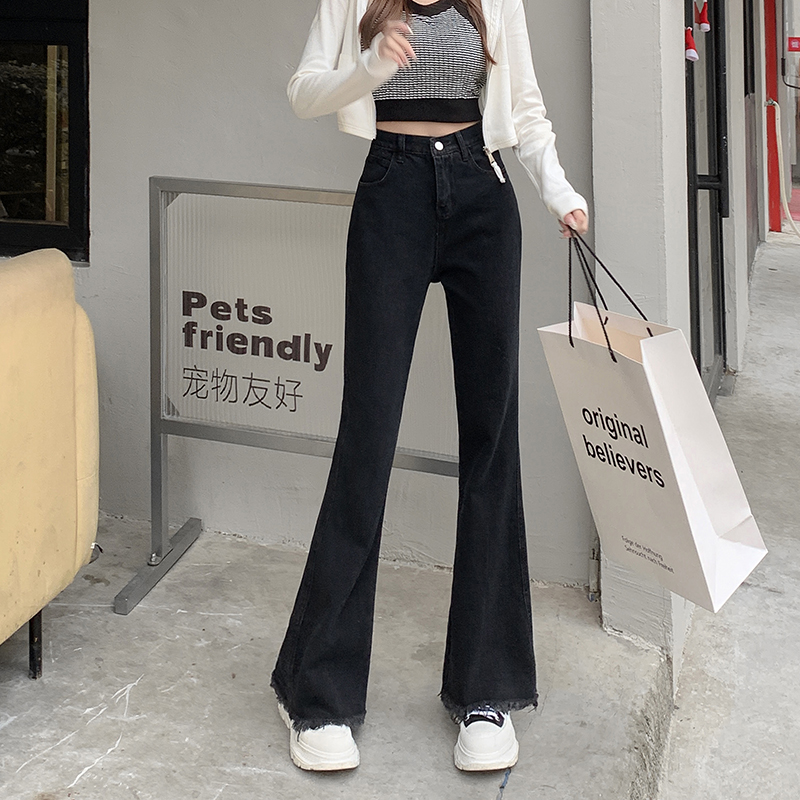 Actual shot~Slightly flared raw edge jeans for women, autumn new style, high-waisted, slimming, wide-leg pants, straight-leg pants with design