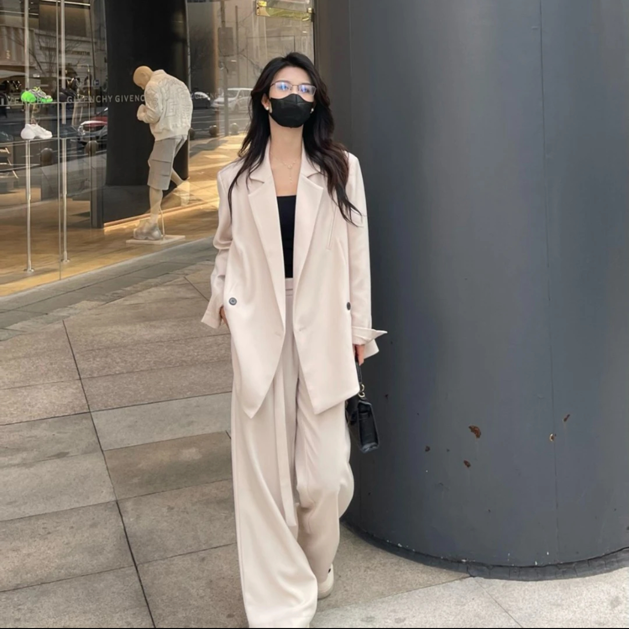 2024春秋新款寬鬆高級感氣質西裝套裝女粉色廓形西裝闊腿褲