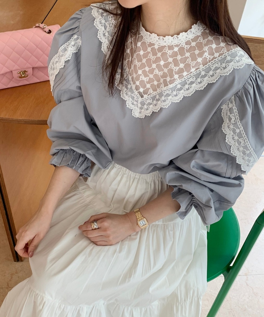 INS韓國東大門！法式復古宮廷風蕾絲拼接泡泡袖設計感襯衫女