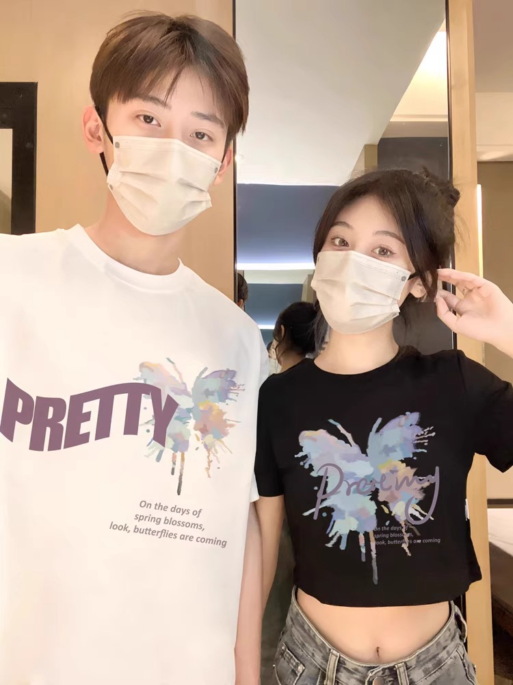 disoo different couple outfit internet celebrity short sleeves one long one short 2024 new summer wear high-end pure cotton T-shirt