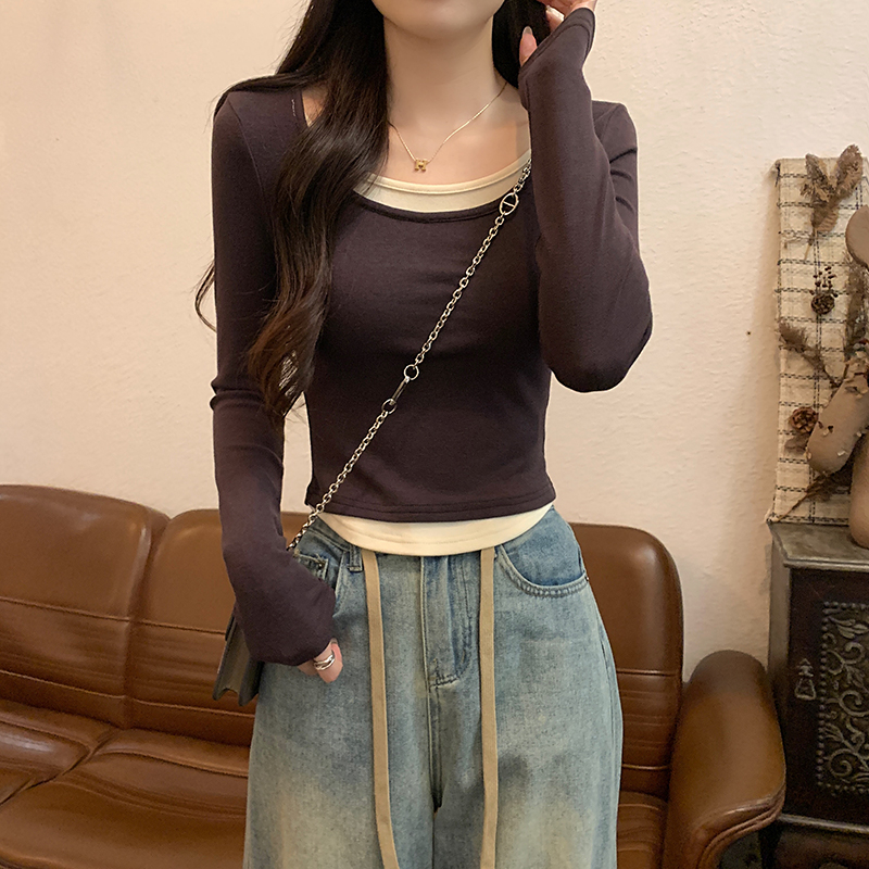 Real shot 2024 spring Korean version loose 290g double-sided cashmere round neck fake two-piece bottoming shirt long-sleeved T-shirt for women