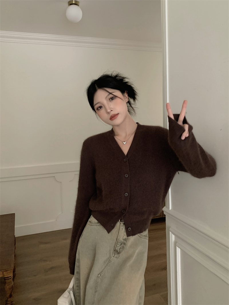 實拍：復古法式V領糯嘰嘰海馬毛針織開衫外套純色疊穿上衣