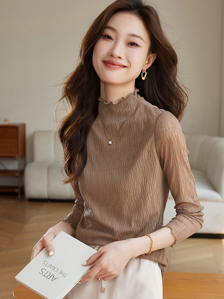 Texture lace bottoming shirt for women 2024 spring new style lace half turtleneck with long-sleeved T-shirt top