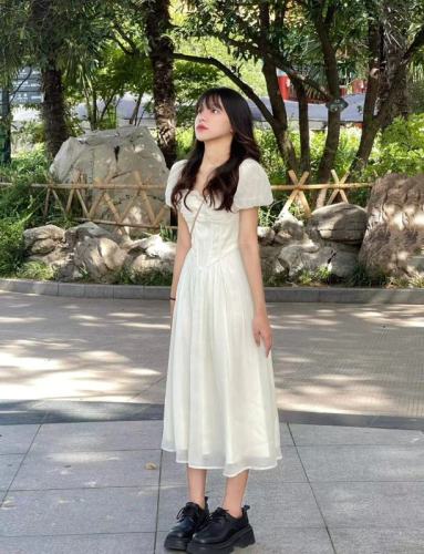 French first love gentle style waist long skirt super fairy temperament chiffon puff sleeve dress early spring 2024 new style