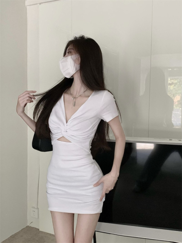 Hot girl sexy hollow v-neck short-sleeved dress women's summer white temperament cross waist and hip short skirt