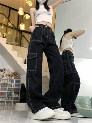 Actual shot ~ Handsome jeans with topstitch design for women, loose street style wide-leg overalls