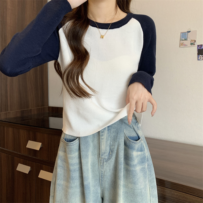 實拍 新款撞色拼接不挑人休閒百搭平肩彈力長袖上衣女