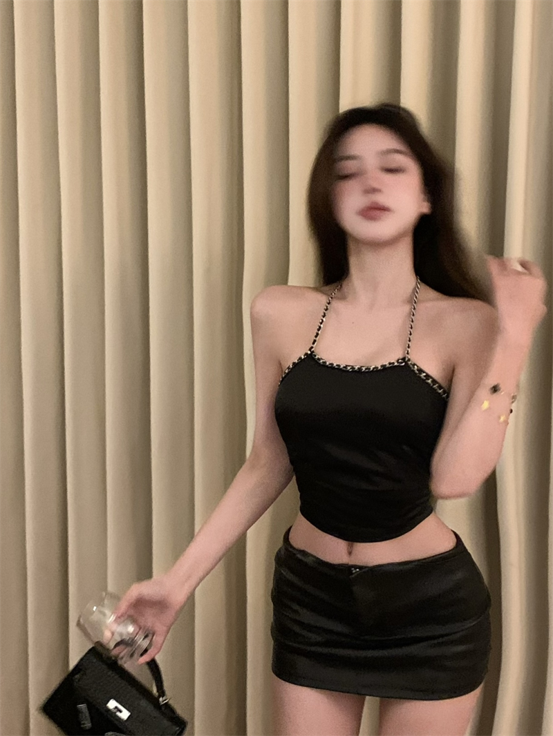 實拍 氣質性感鏈條掛脖露背小背心