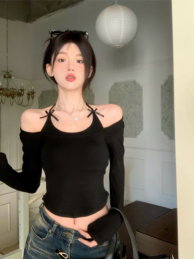 Real shot of bow fake two-piece halterneck long-sleeved T-shirt for women black sweet girl inner top