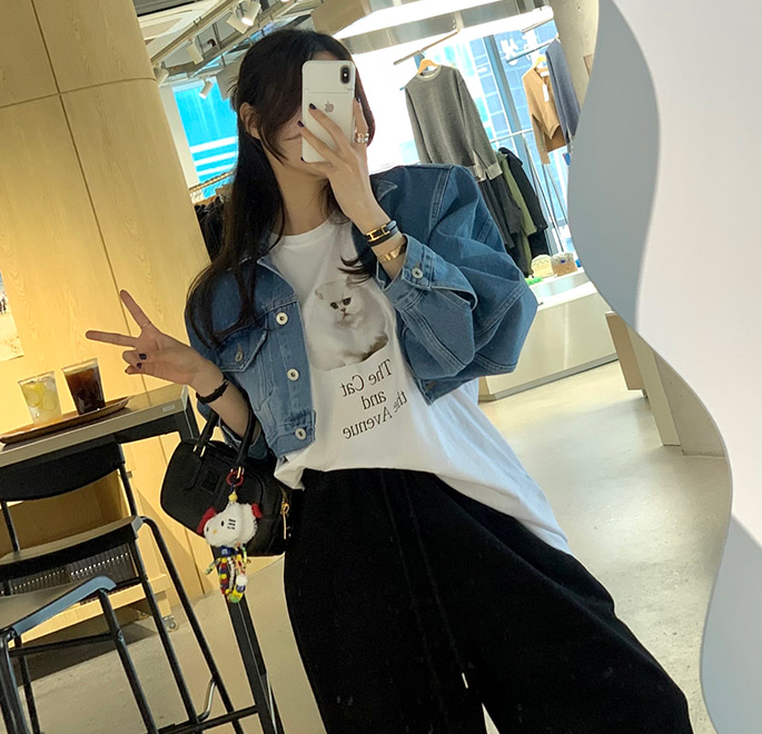 春季新翻領系扣短款牛仔外套