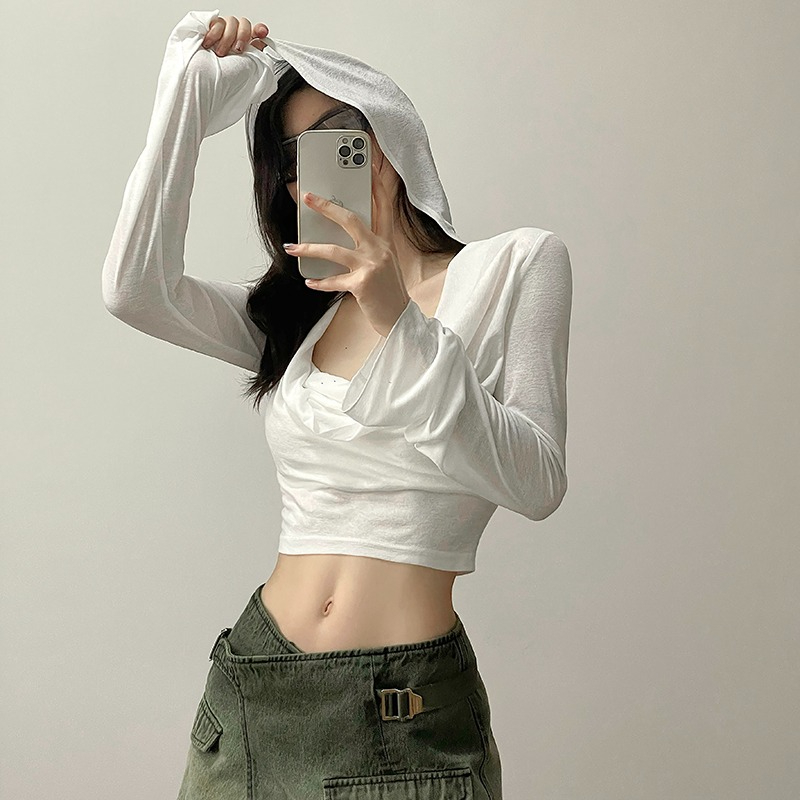 官圖 防曬衫拽酷辣妹風連帽女薄款設計感短款露臍上衣百搭