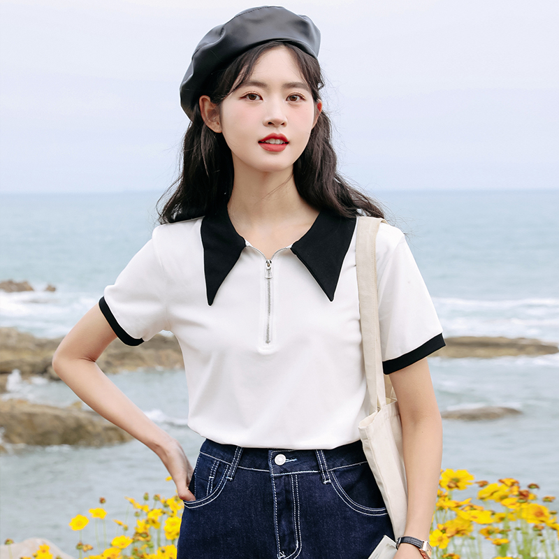 Good quality ~ Lapel half-zip short-sleeved T-shirt for women in summer, slim fit, versatile, right shoulder design, Polo shirt top