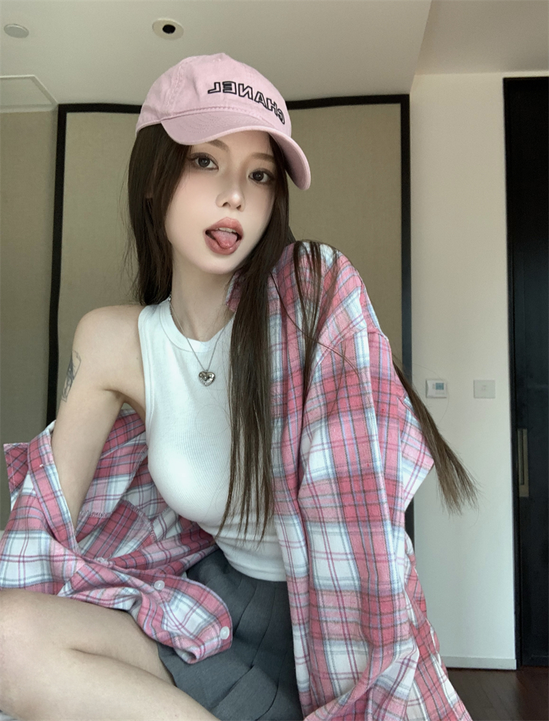 實拍：休閒減齡粉色格子襯衫長袖防曬外套女潮韓版夏季寬鬆型