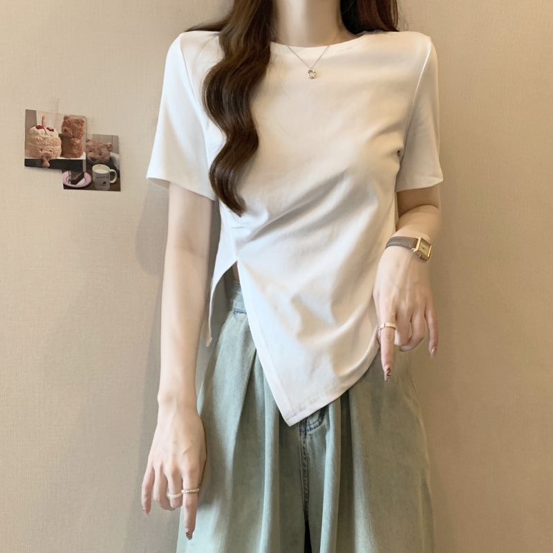 實拍  40支純棉 2024夏裝設計感小眾抽繩短袖T恤女純色