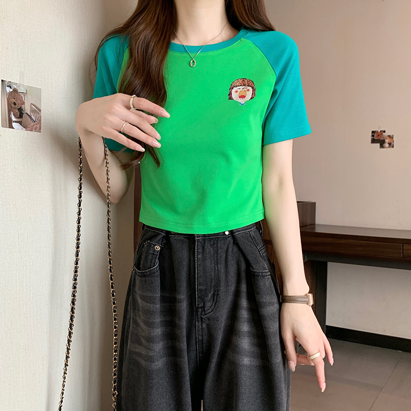 實拍 2024夏裝韓版修身1*1螺紋插肩袖短款趣味印花短袖T恤女