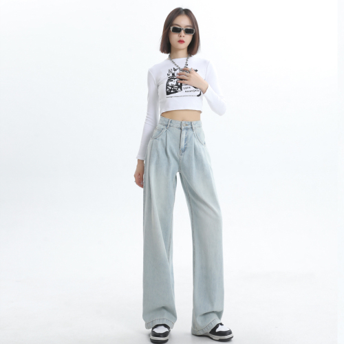 Actual shot of 2024 wide-leg pants for women, high-waisted, loose, slimming, pleated design, straight-leg floor-length pants