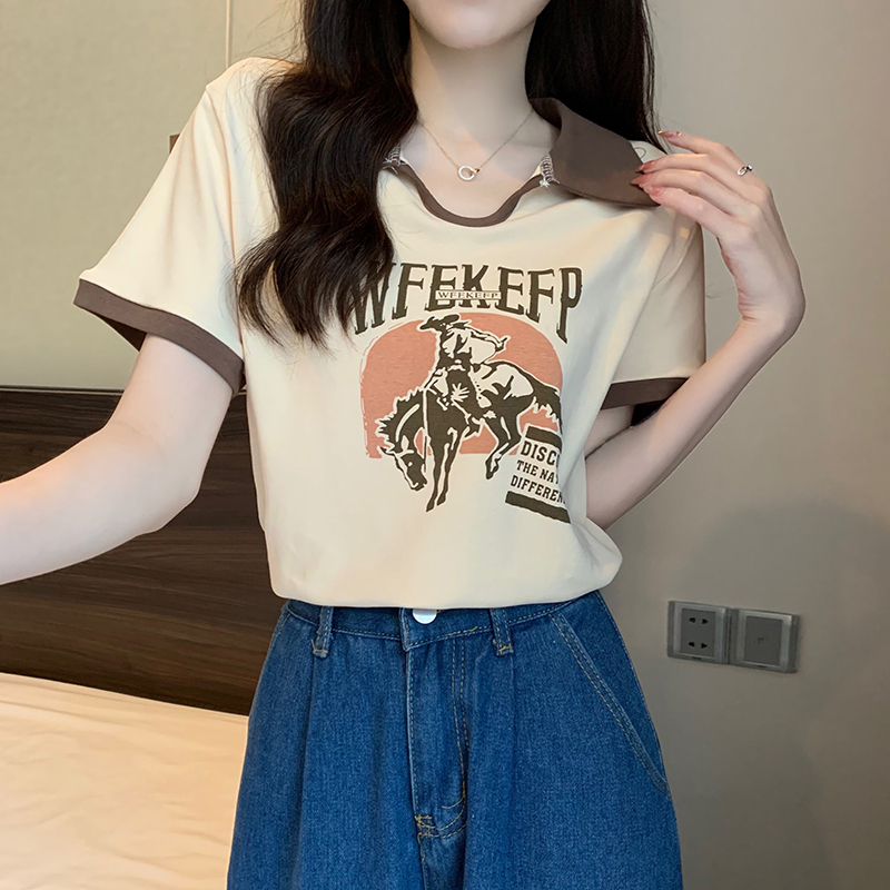 實拍1*1螺紋夏裝韓版寬鬆POLO領卡通印花中長款大碼短袖T恤女