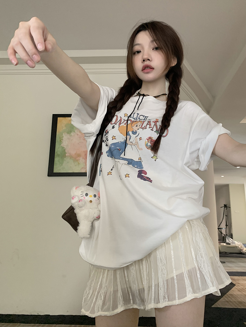 實拍 公主奇遇記夢遊仙境印花T恤女夏慵懶風寬鬆短袖上衣