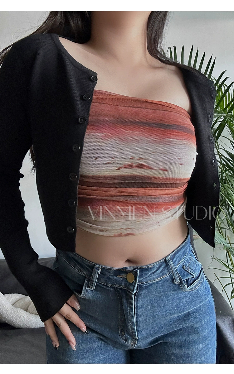 VINMEN STUDIO double layer mesh tube top oil painting art hot girl short spring and summer vacation top with chest pad